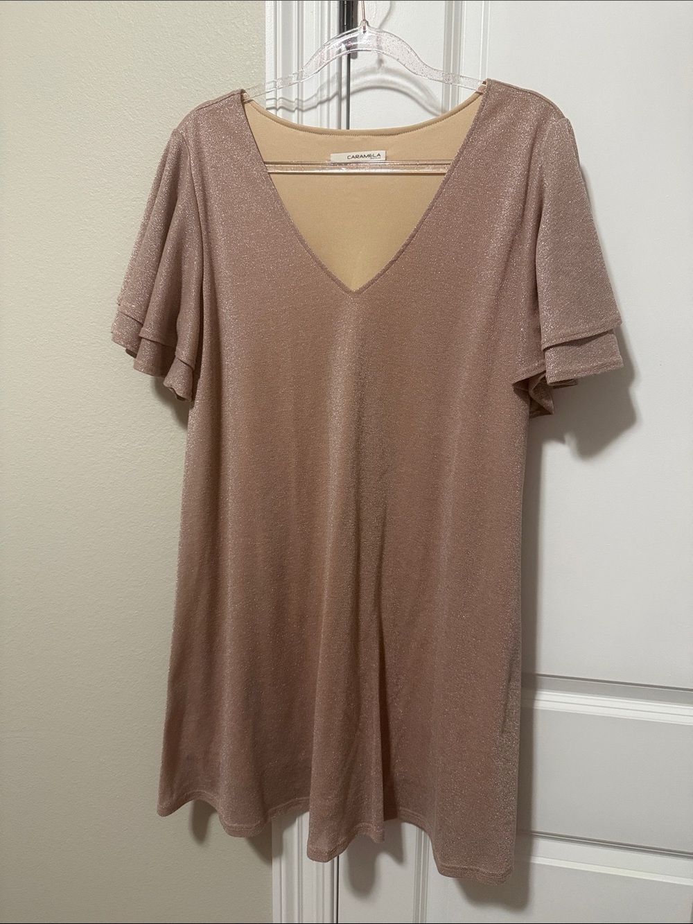 Caramela Shimmery Blush V-Neck Flutter Sleeve Dress
